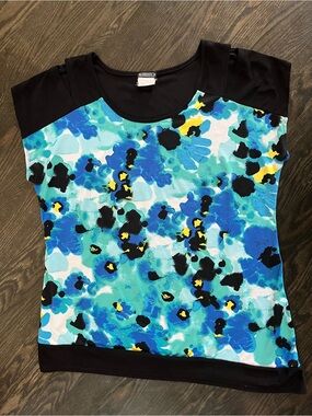 ✨ 3/$30 Clientele Aqua Blue Floral & Black Flowy Sleeveless Top Size L Canada